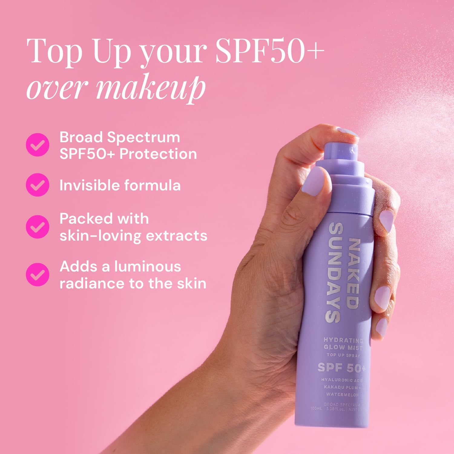 Naked Sundays SPF 50 mist spray-on action over makeup