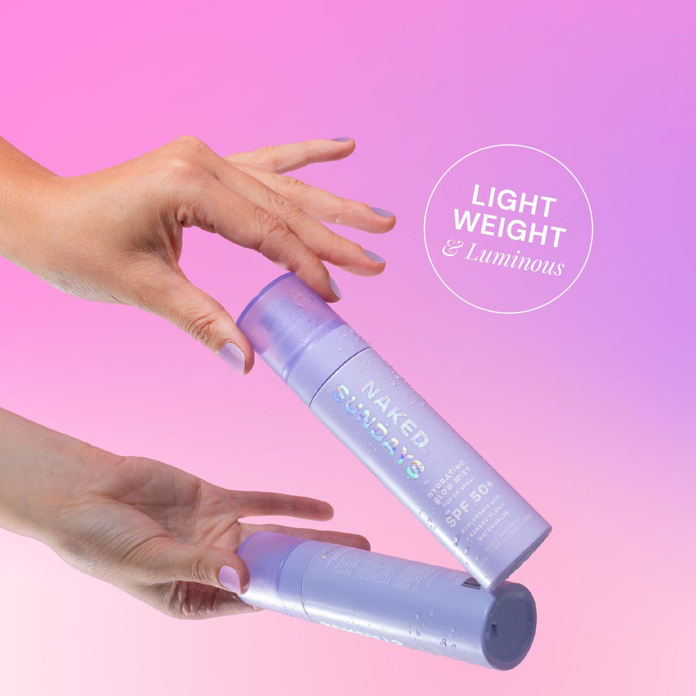 Naked Sundays SPF 50 spray on face while applying makeup