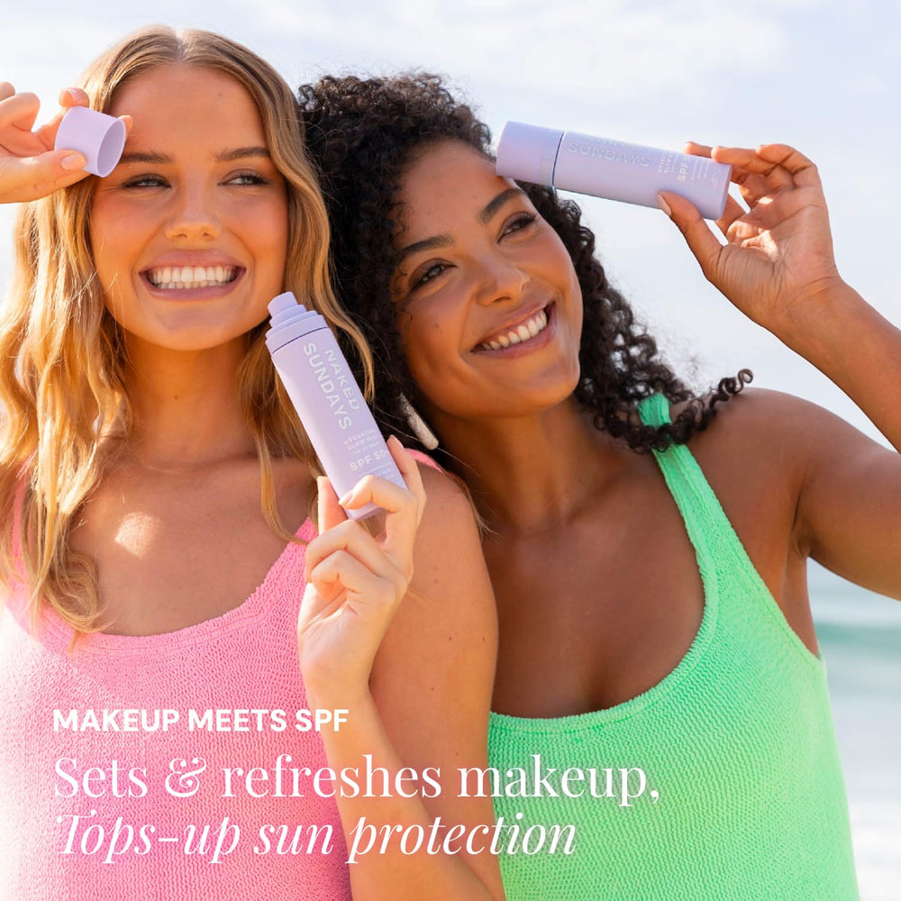 Naked Sundays SPF 50 mist demonstrates clear finish without white cast