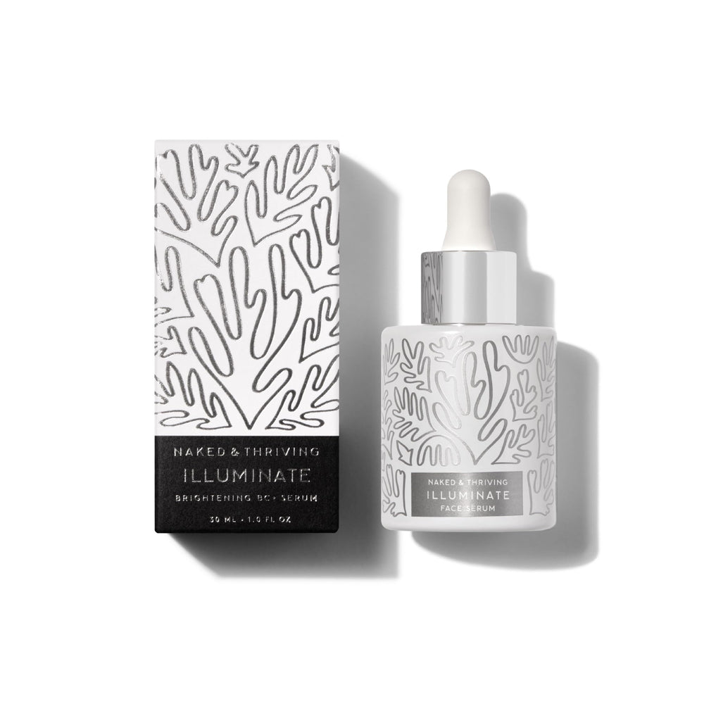 Naked & Thriving Illuminate BC+ serum bottle glowing with hydration for mature skin