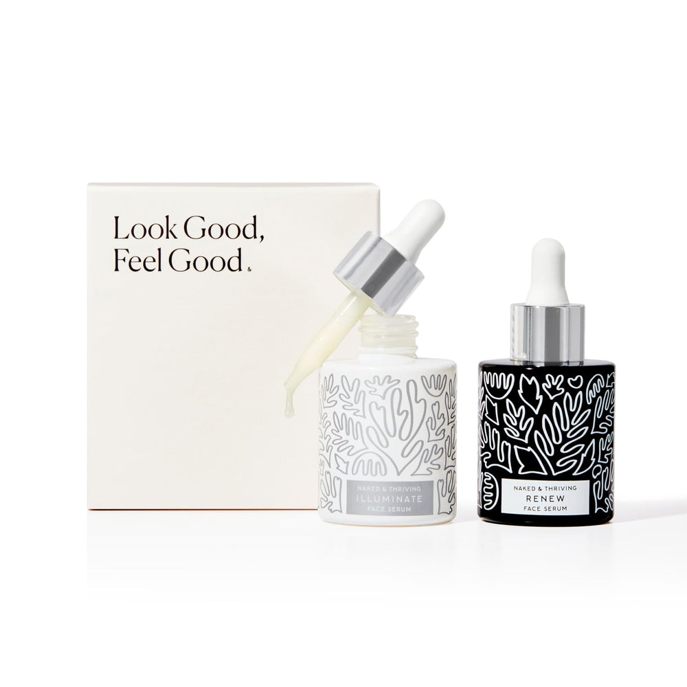 Naked & Thriving Illuminate C+ Serum bottle highlighting brightening and radiant skin.