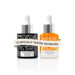Naked & Thriving Renew serum bottle showing deep hydration for smooth skin.