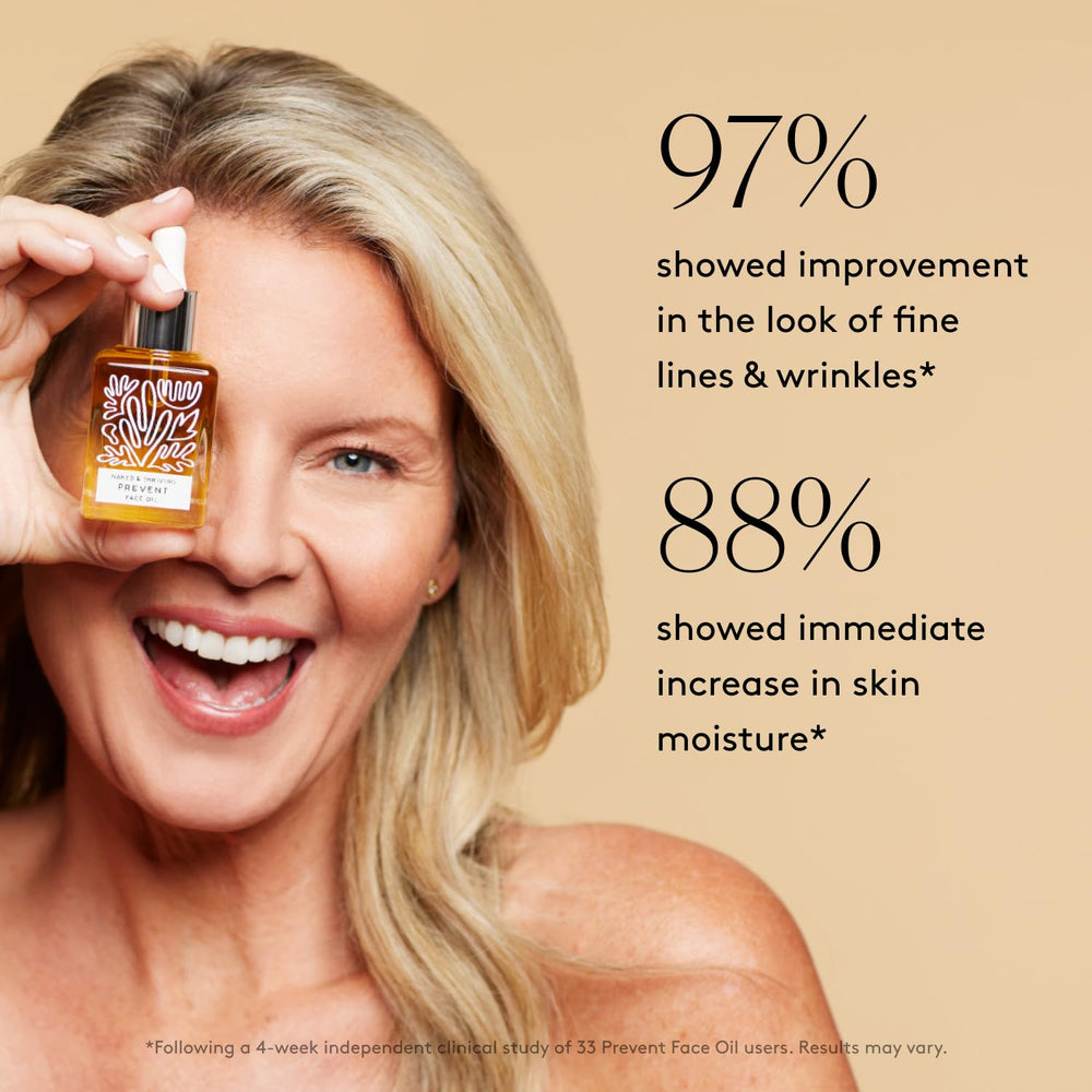Naked & Thriving Prevent rosehip-carrot seed oils closeup for even-toned, radiant skin.