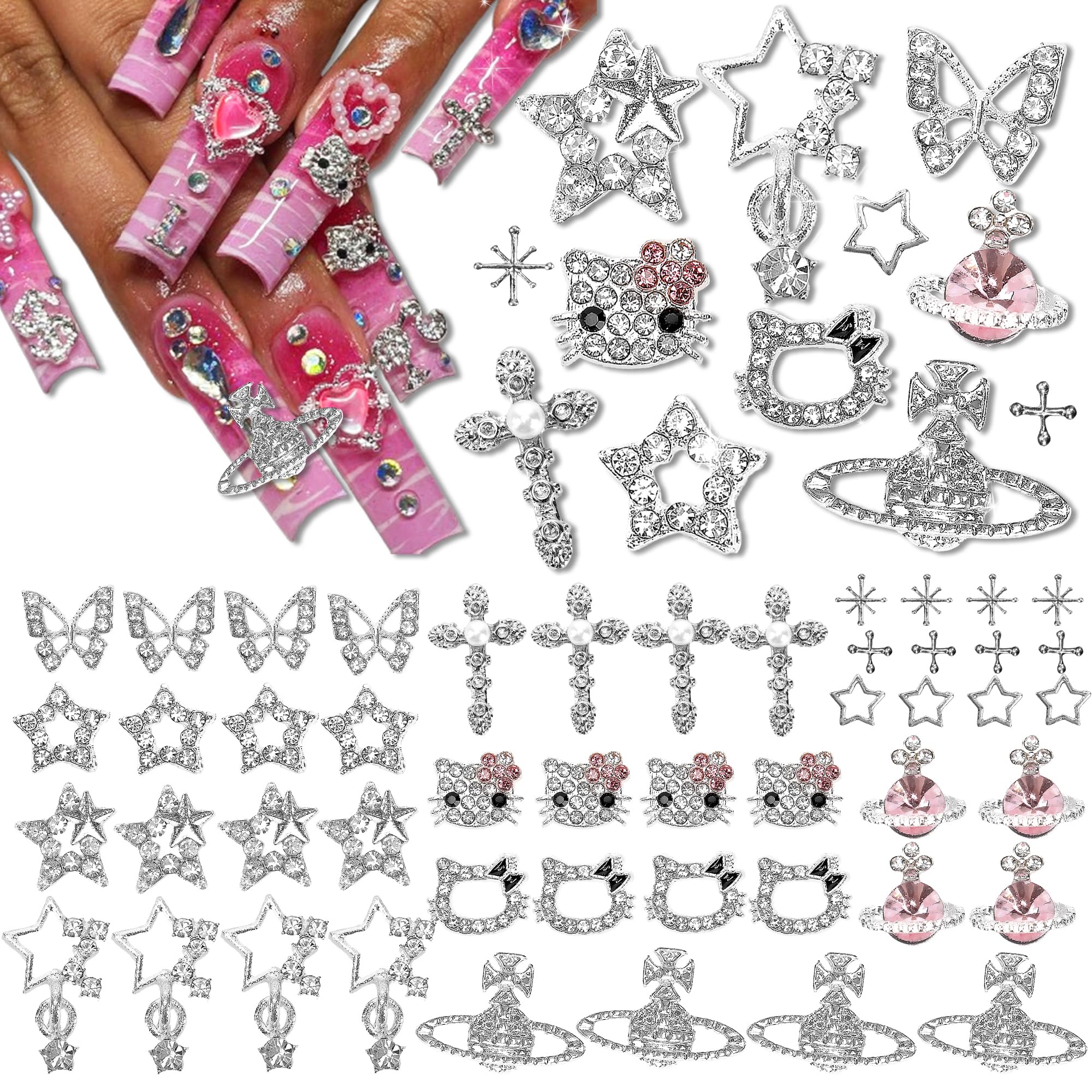 Namifin stars charm adds celestial sparkle to acrylic nails.