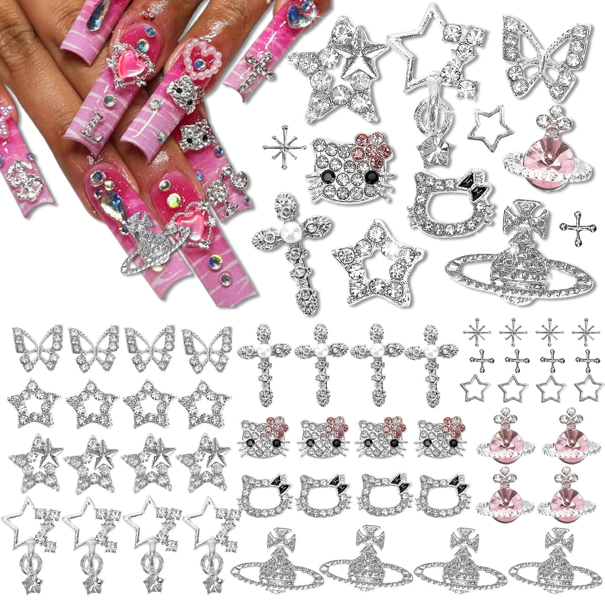 Namifin stars charm adds celestial sparkle to acrylic nails.