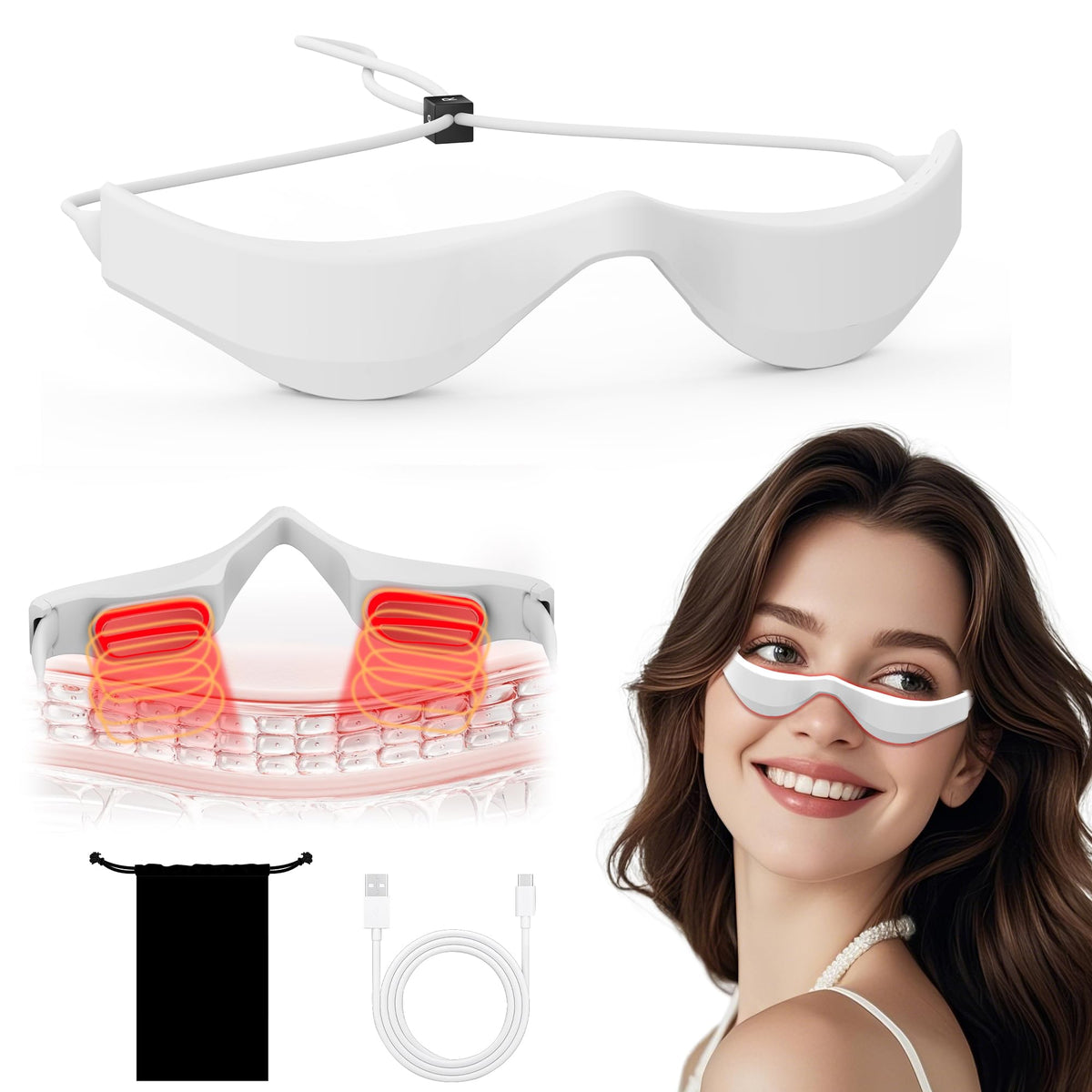 Nanapolo under-eye red light massage glasses on face for targeted eye care.