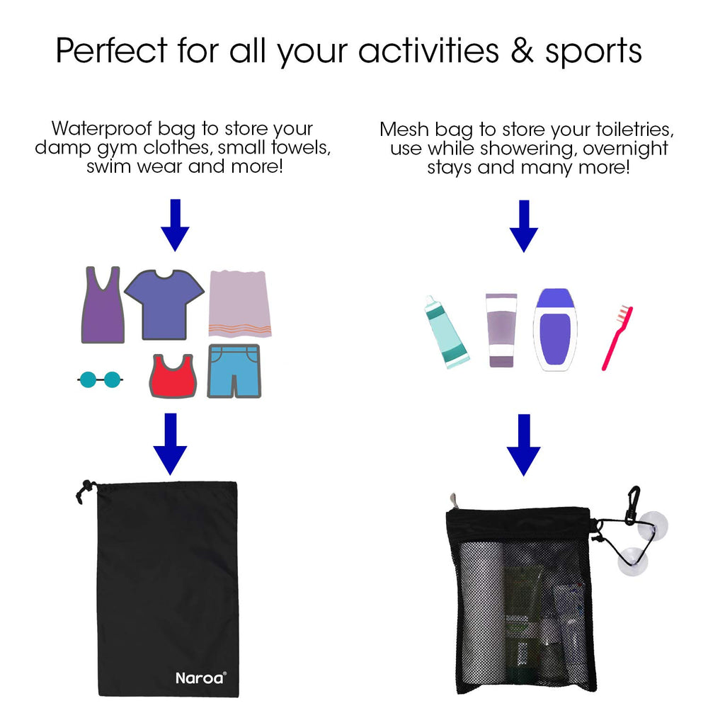 Naroa toiletry bag hanging-hook setup for easy access in gyms or bathrooms.