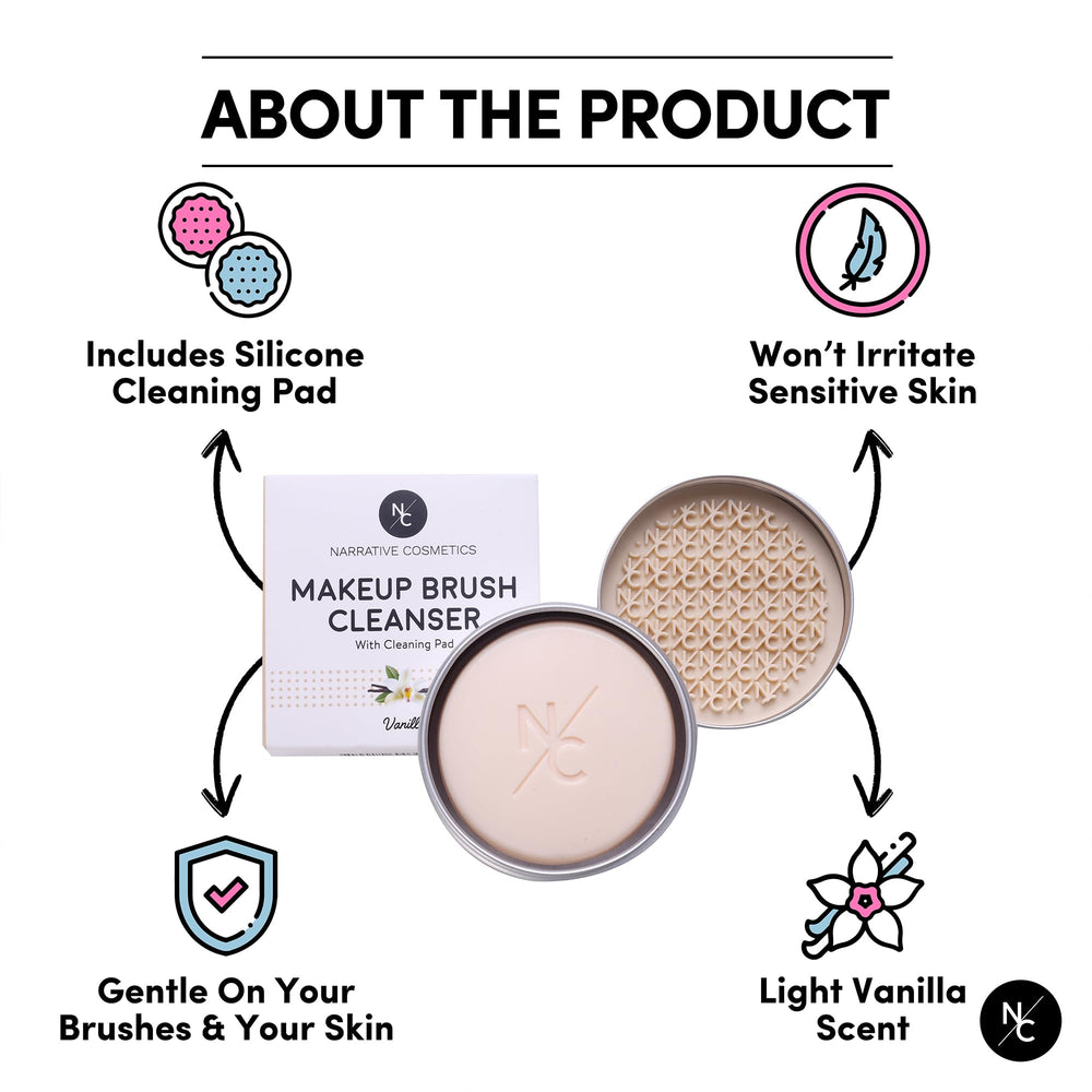 Narrative Cosmetics brush cleanser applied with pad for residue removal.