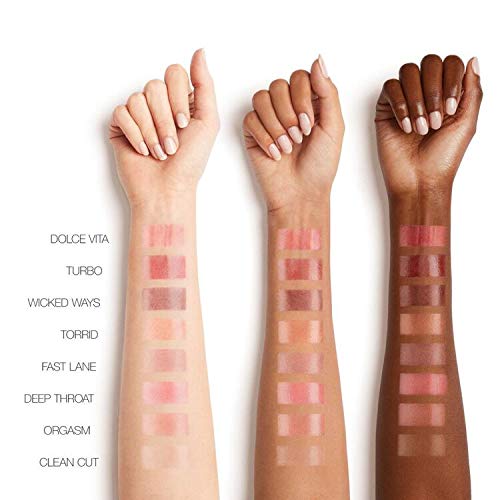 Lip swatch showing glossy peach-pink finish with warm shimmer