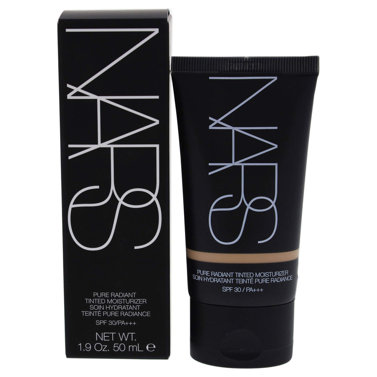 NARS Pure Radiant Tinted Moisturizer Alaska bottle illustrating light coverage with SPF 30 protection.