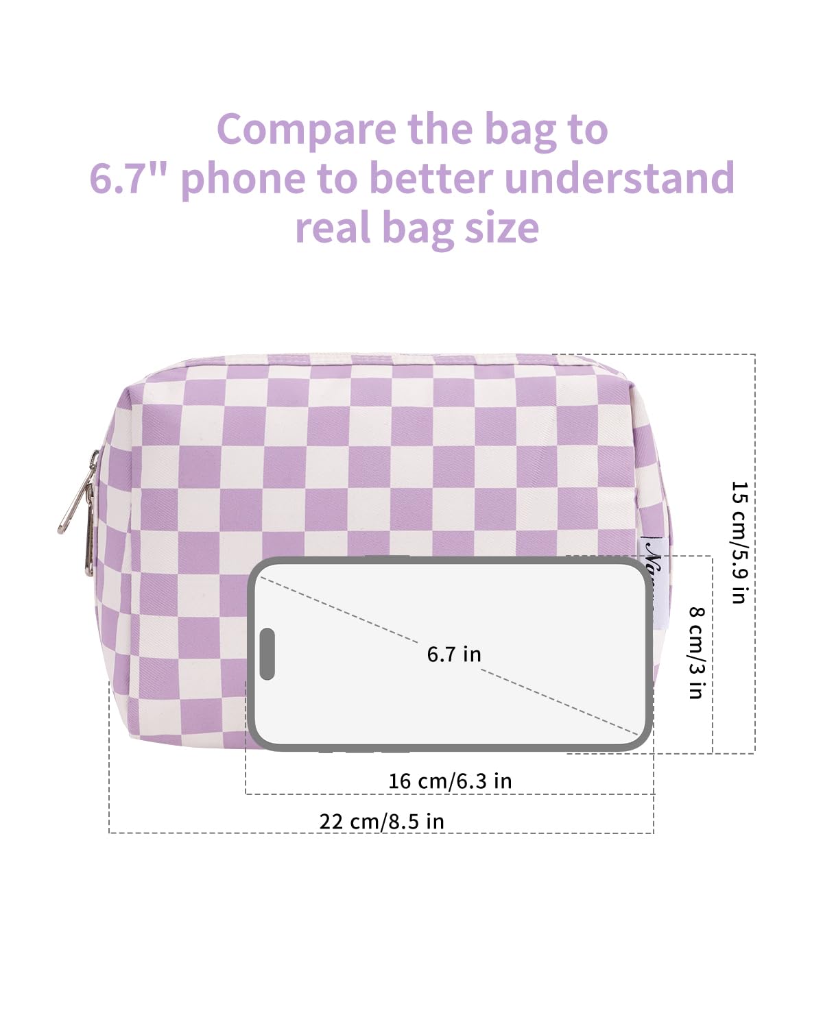 Narwey checkered makeup bag used as travel toiletries case on the go.