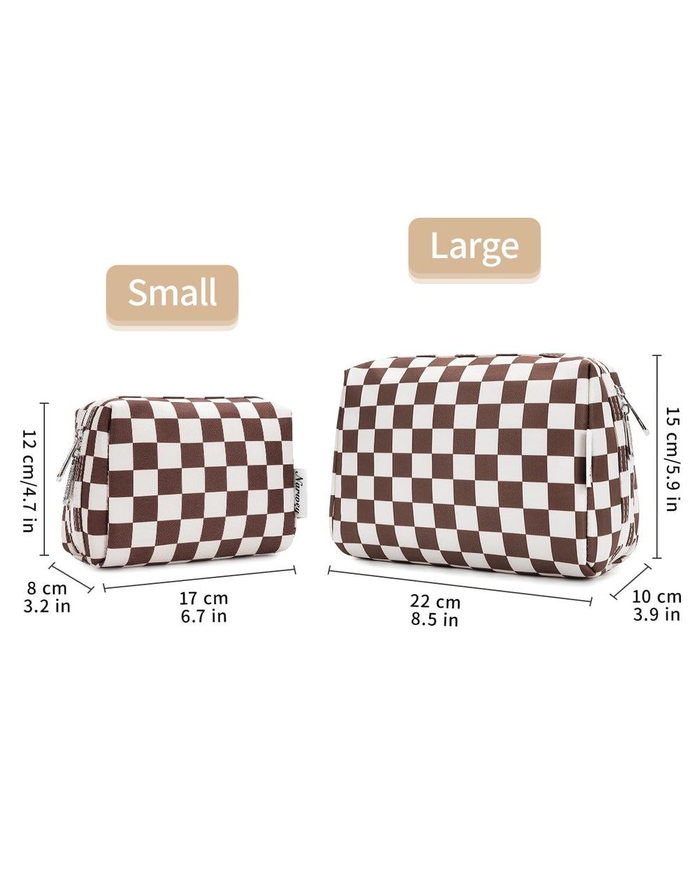 Narwey checkered makeup bag large size with dimensions 8.5x5.9x3.9 inches.