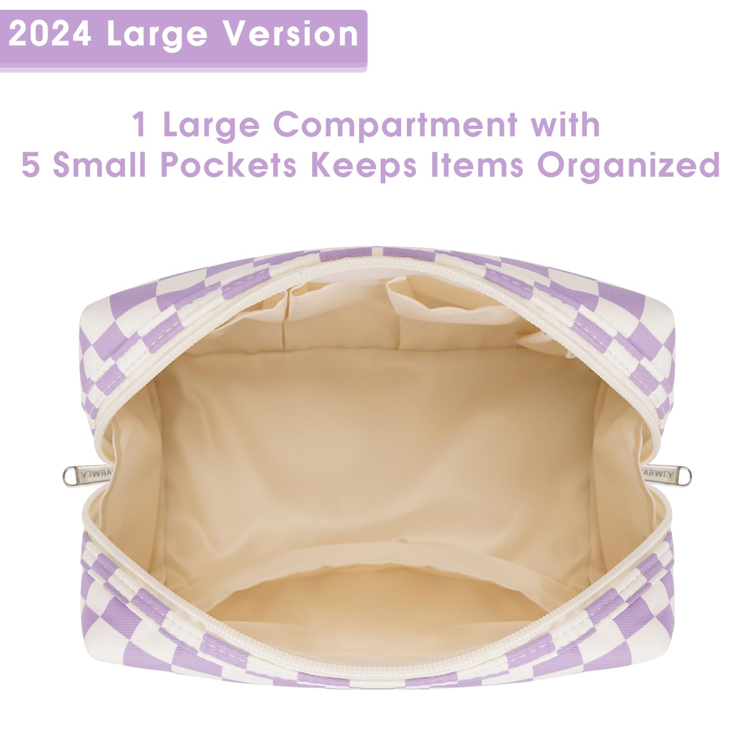 Narwey checkered makeup bag large dimensions 8.5 by 5.9 by 3.9 inches.