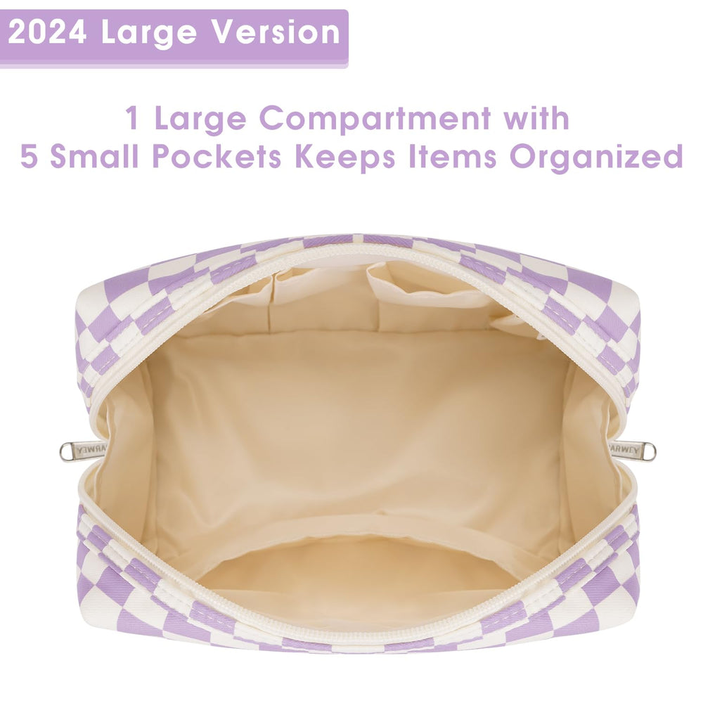 Narwey checkered makeup bag large dimensions 8.5 by 5.9 by 3.9 inches.
