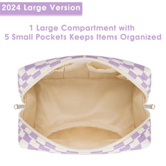 Narwey checkered makeup bag large dimensions 8.5 by 5.9 by 3.9 inches.