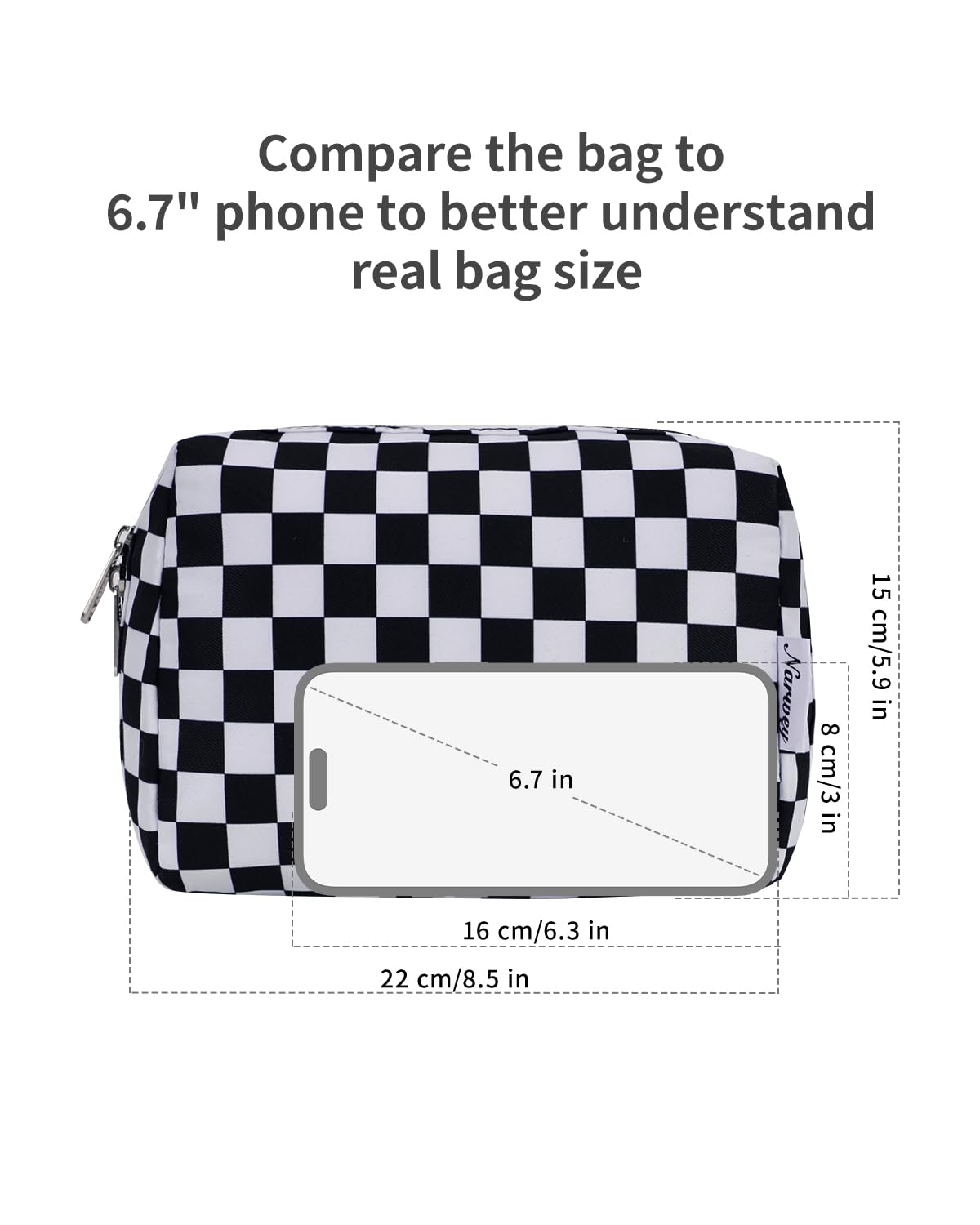 Narwey checkered makeup bag durable zippers ensure long-lasting use on trips.