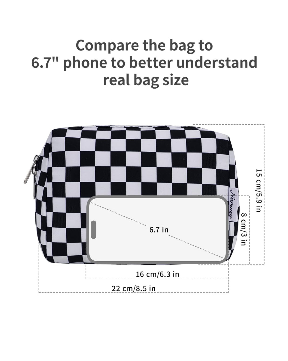 Narwey checkered makeup bag durable zippers ensure long-lasting use on trips.