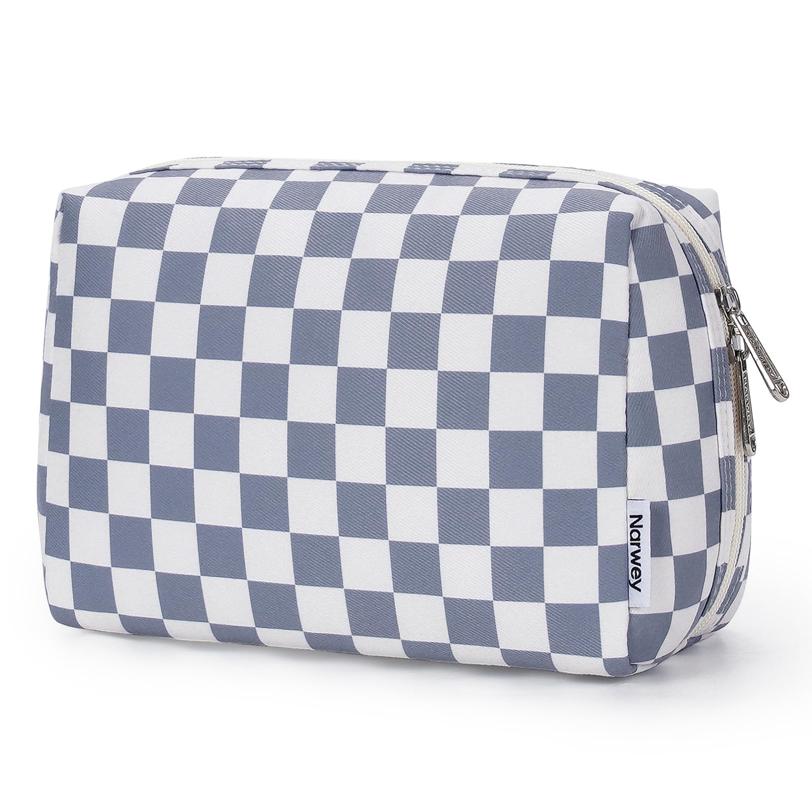 Narwey checkered makeup bag grayish-blue cover designed for durable travel organization