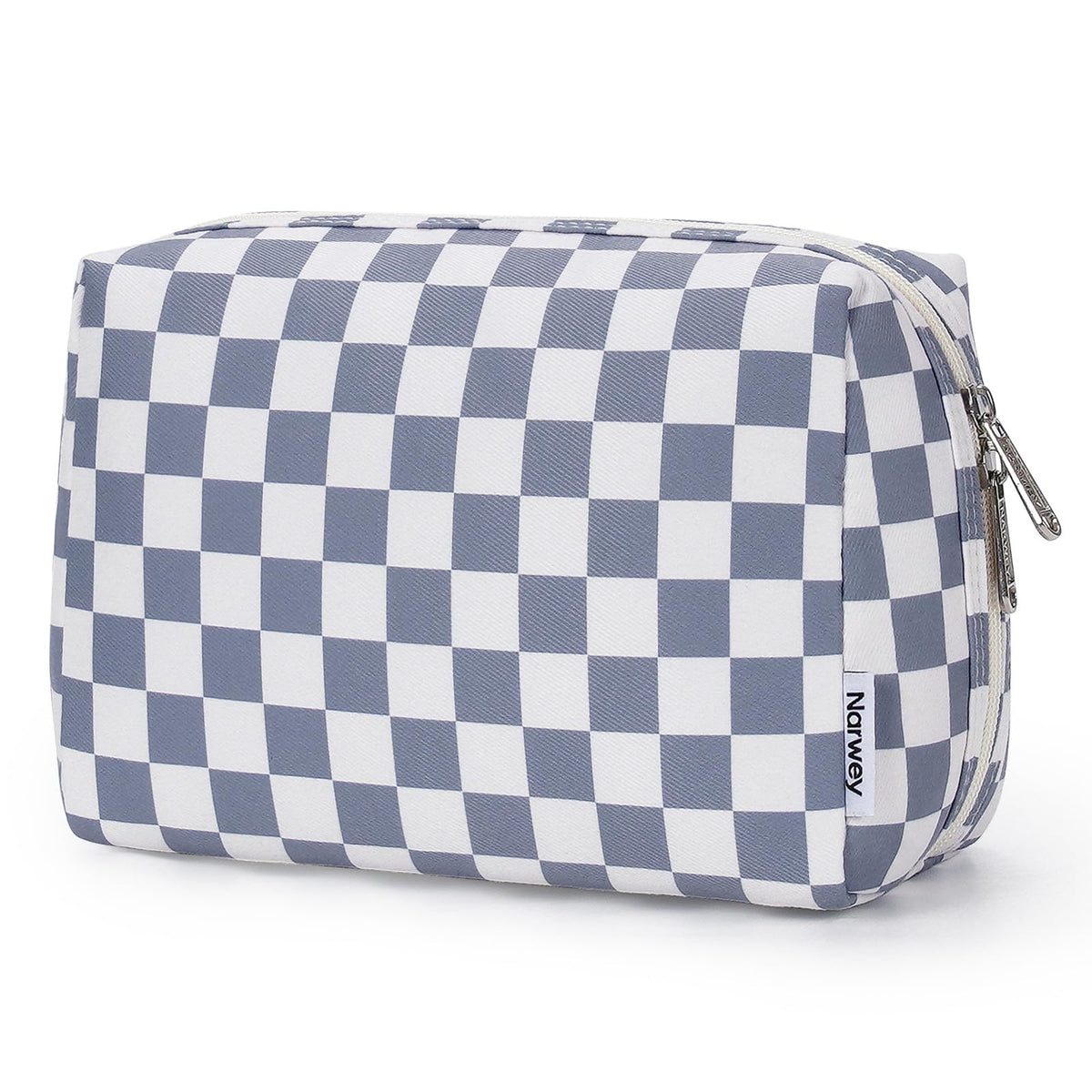 Narwey checkered makeup bag grayish-blue cover designed for durable travel organization