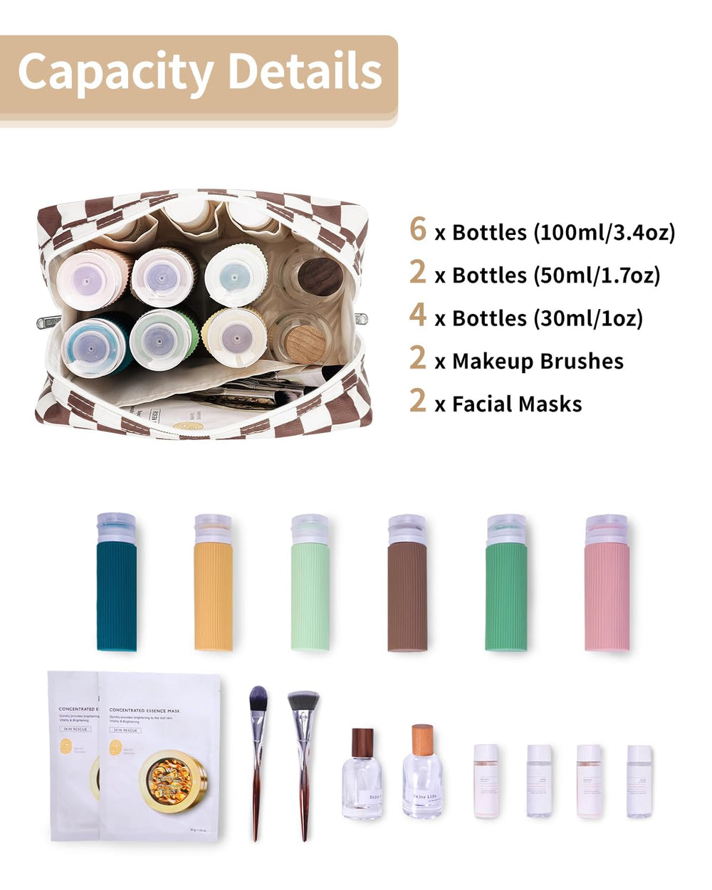 Narwey checkered makeup bag inner pockets keep brushes and palettes neatly separated.