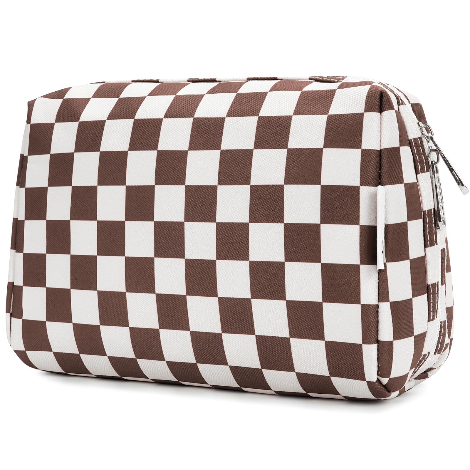Narwey checkered makeup bag large dark design, ideal for travel cosmetics organization.