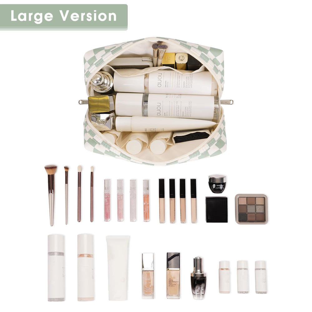 Narwey large mint-green bag shows inner pockets for brushes and makeup items.