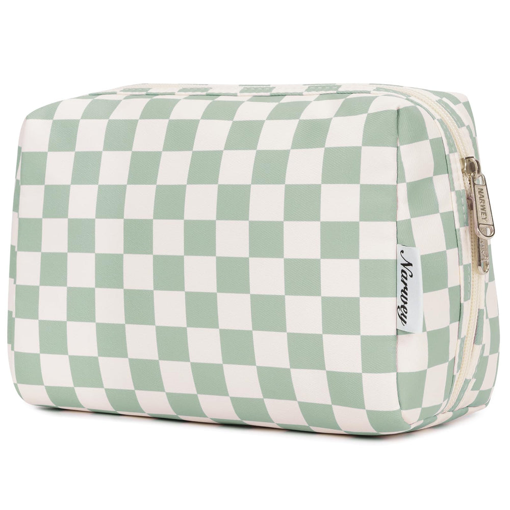 Narwey checkered makeup bag with main compartments keeps cosmetics neatly organized while traveling.