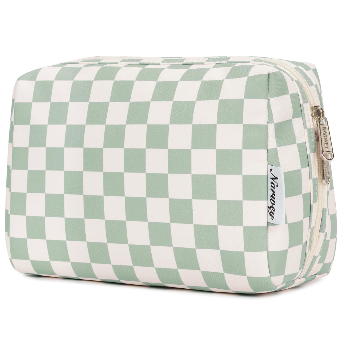 Narwey checkered makeup bag with main compartments keeps cosmetics neatly organized while traveling.