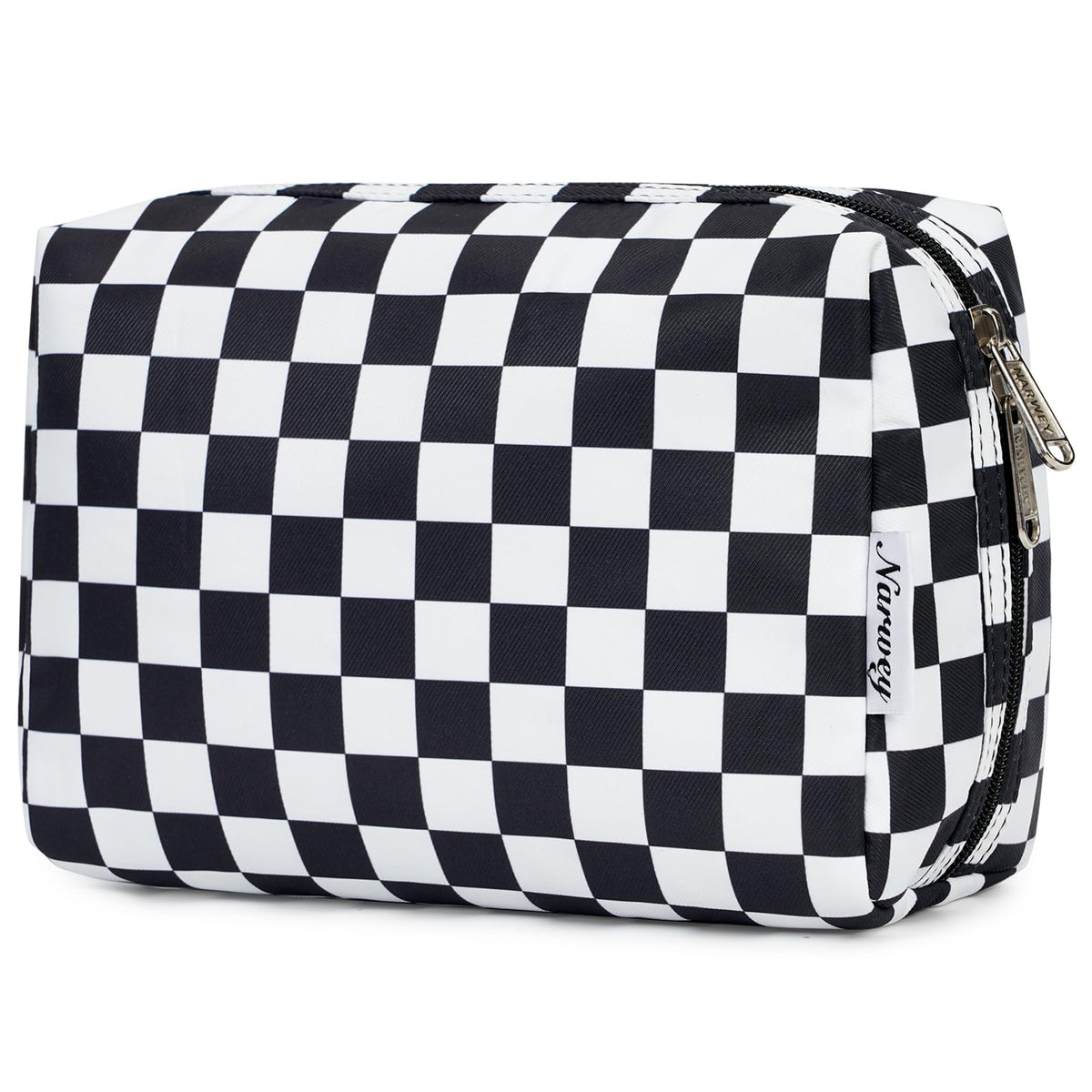 Narwey checkered makeup bag large opening for quick access and organized essentials.