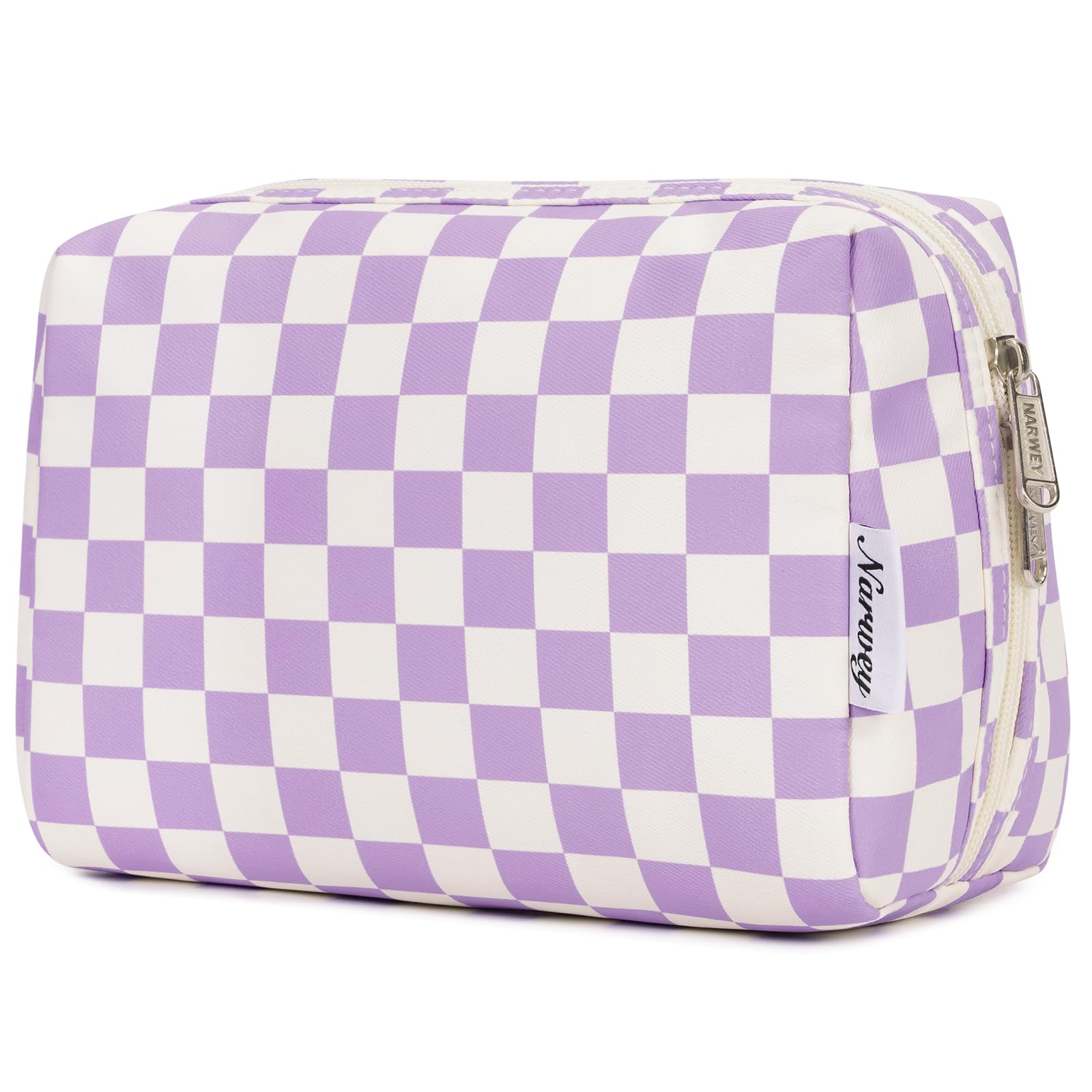 Narwey checkered makeup bag front view in purple for organized travel.