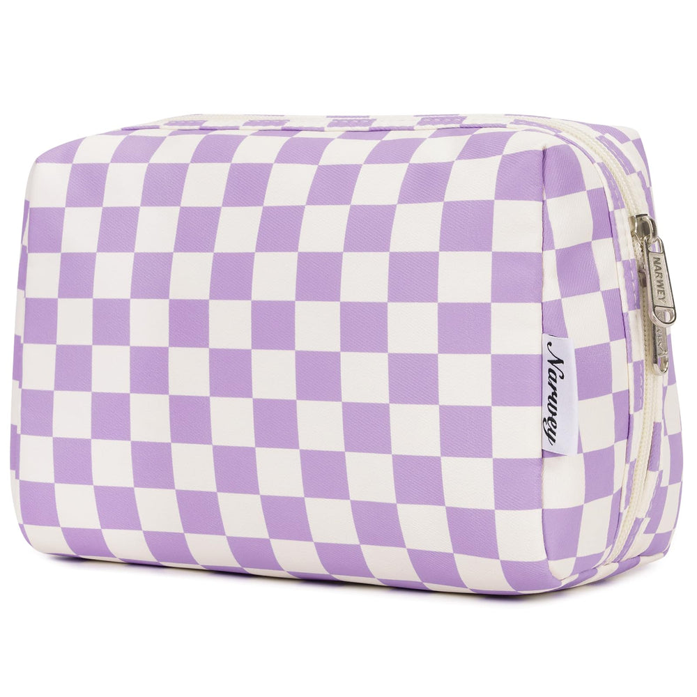 Narwey checkered makeup bag front view in purple for organized travel.