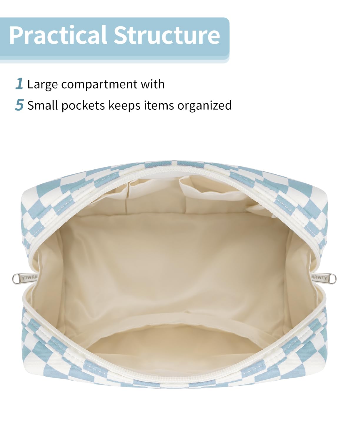 Narwey durable zipper on a sky blue checkered bag for reliable daily use