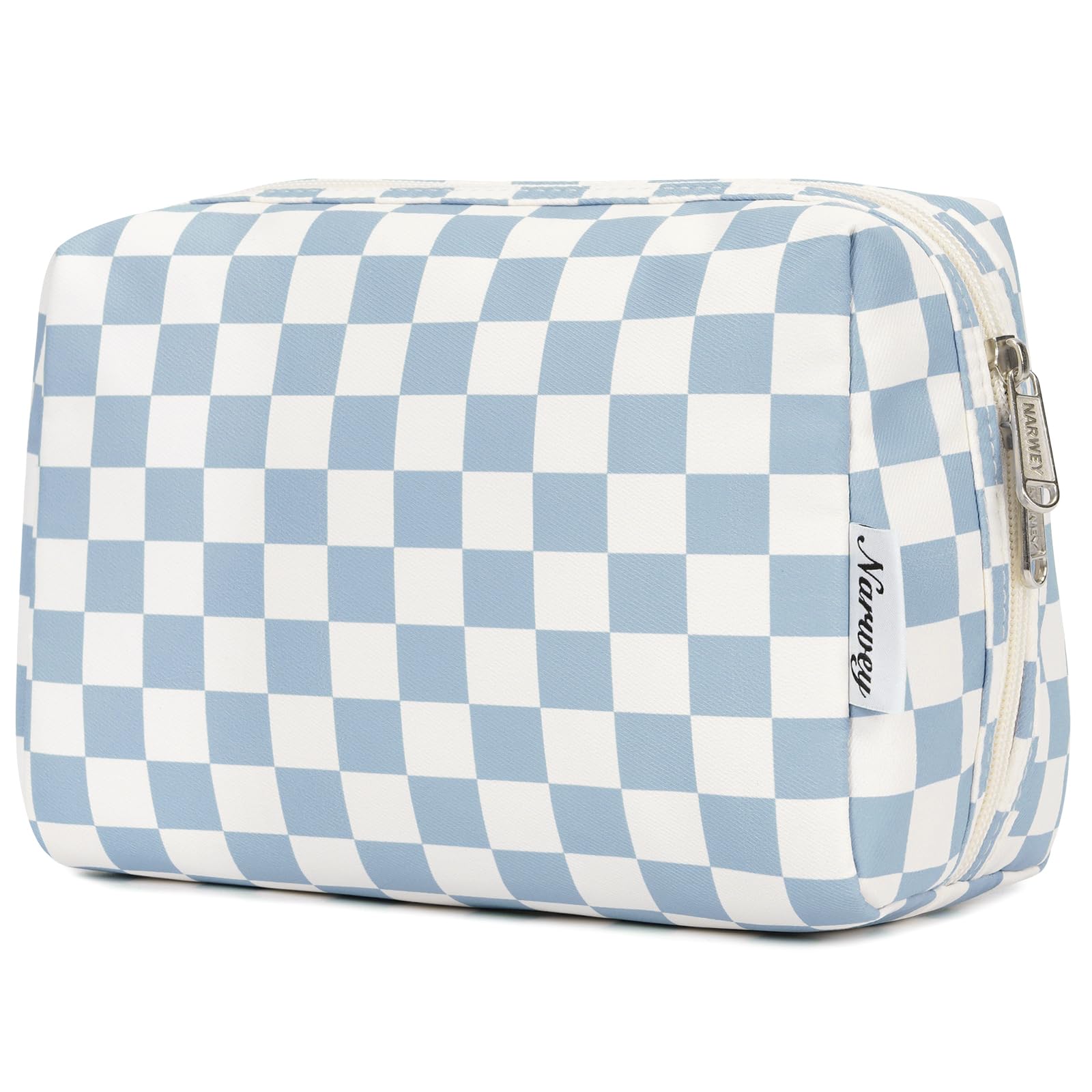 Narwey checkered makeup bag large sky blue front view showing organized layout for travel cosmetics