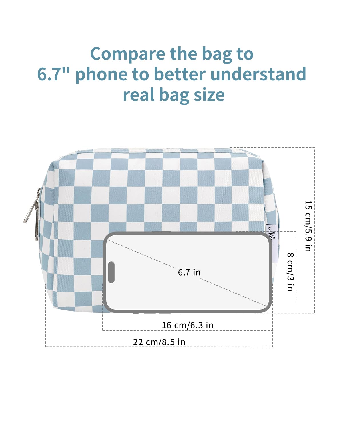 Narwey water-resistant fabric on sky blue bag protects cosmetics during trips