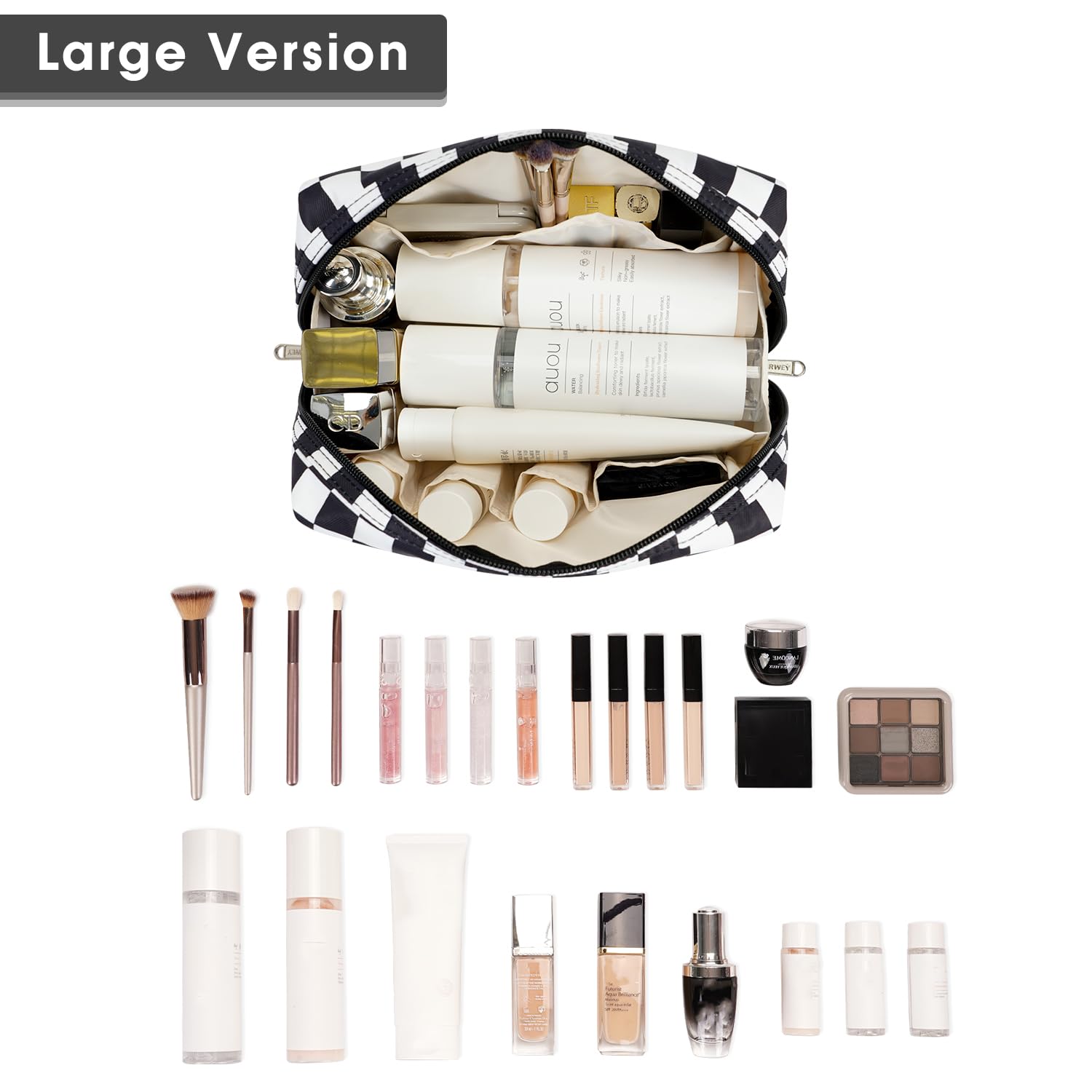 Narwey checkered makeup bag main compartment fits travel-size bottles and skincare essentials.
