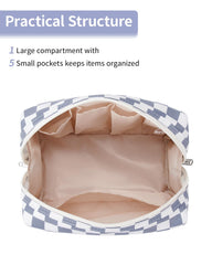 Narwey checkered makeup bag main compartment holds brushes and cosmetics