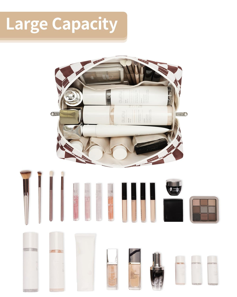Narwey checkered makeup bag with open main compartment showing practical organization.