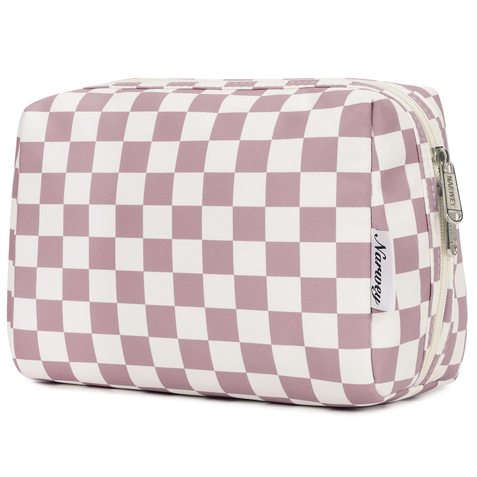 Narwey checkered makeup bag pink dusty rose with organized compartments for easy travel beauty storage.
