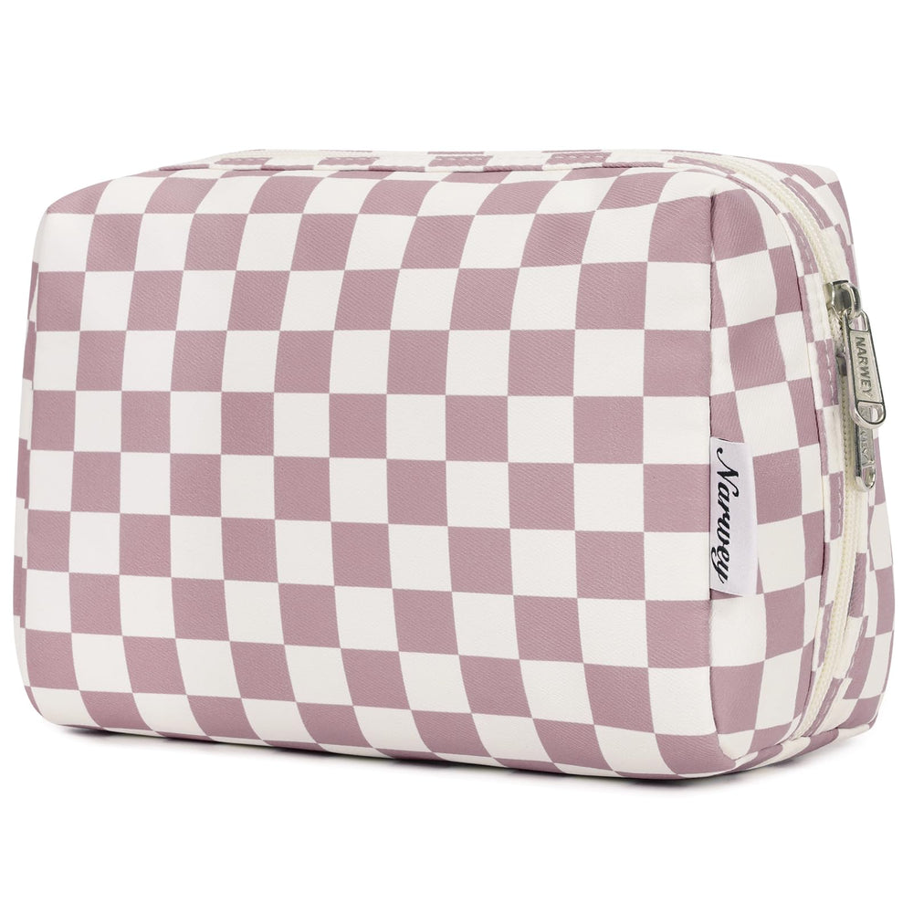 Narwey checkered makeup bag pink dusty rose with organized compartments for easy travel beauty storage.