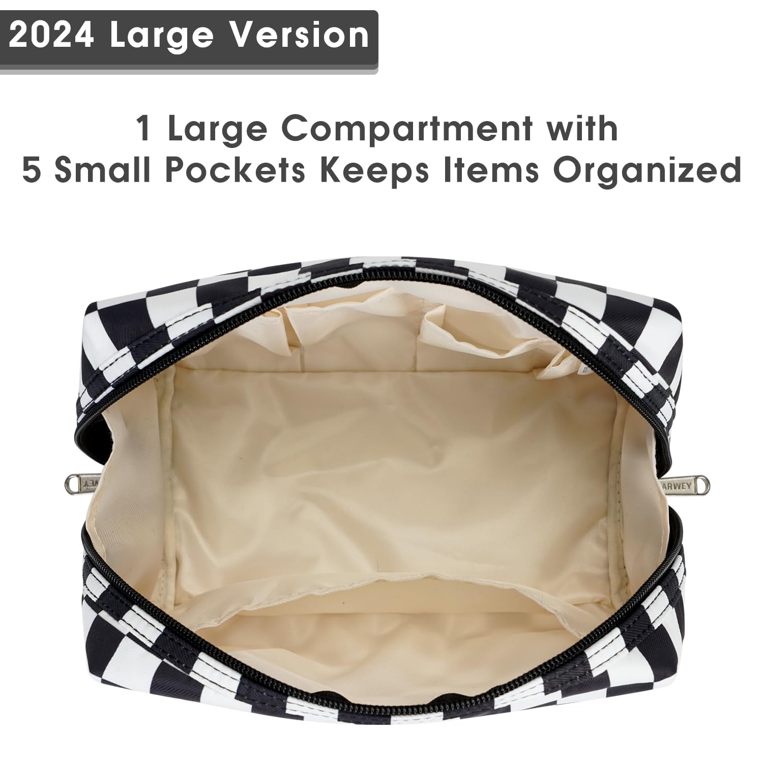 Narwey checkered makeup bag water-resistant fabric protects belongings from spills.