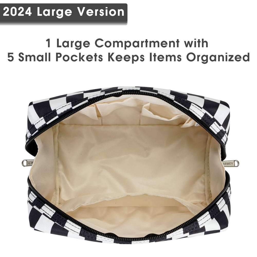 Narwey checkered makeup bag water-resistant fabric protects belongings from spills.