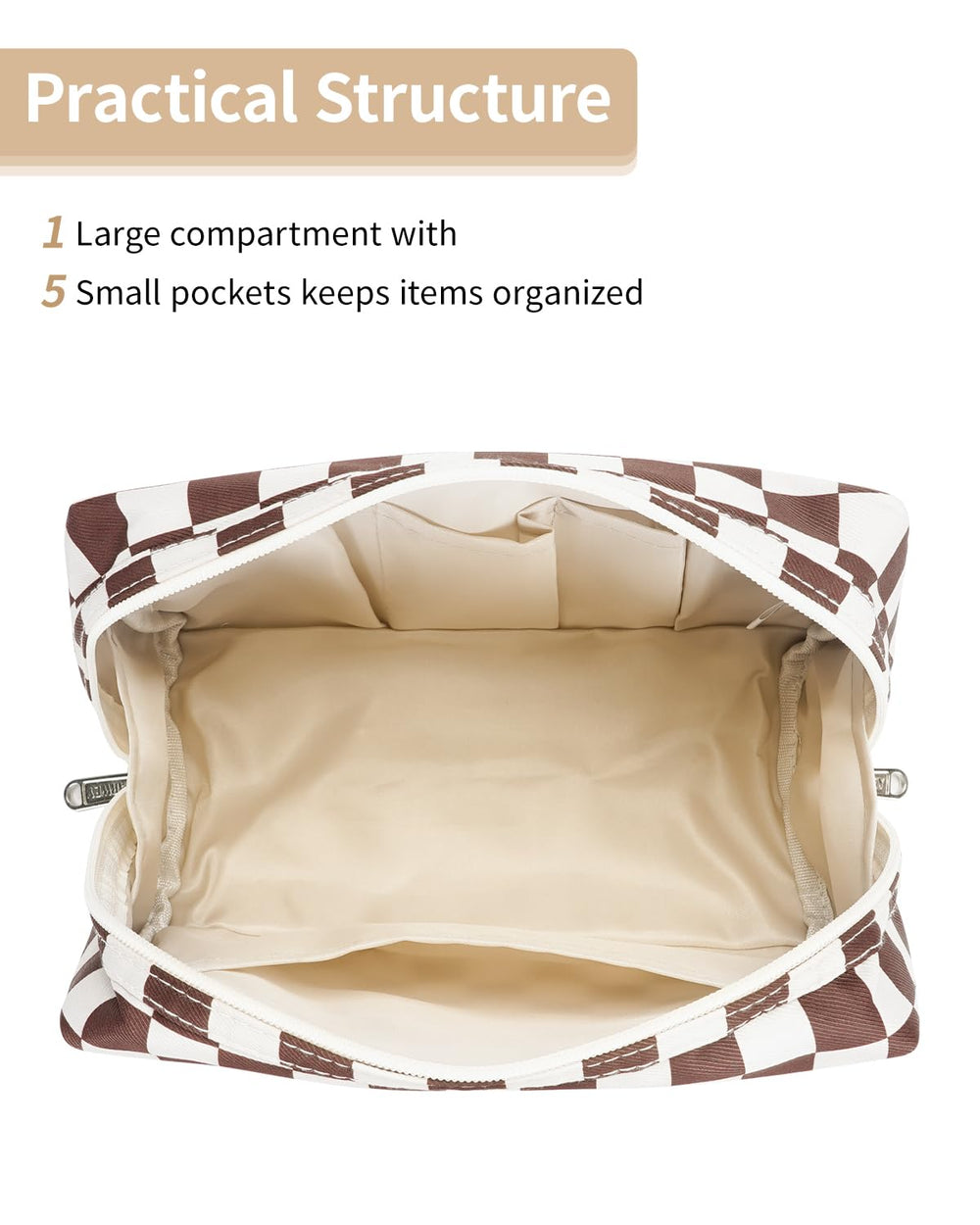 Narwey checkered makeup bag water-resistant fabric protects contents during travel.
