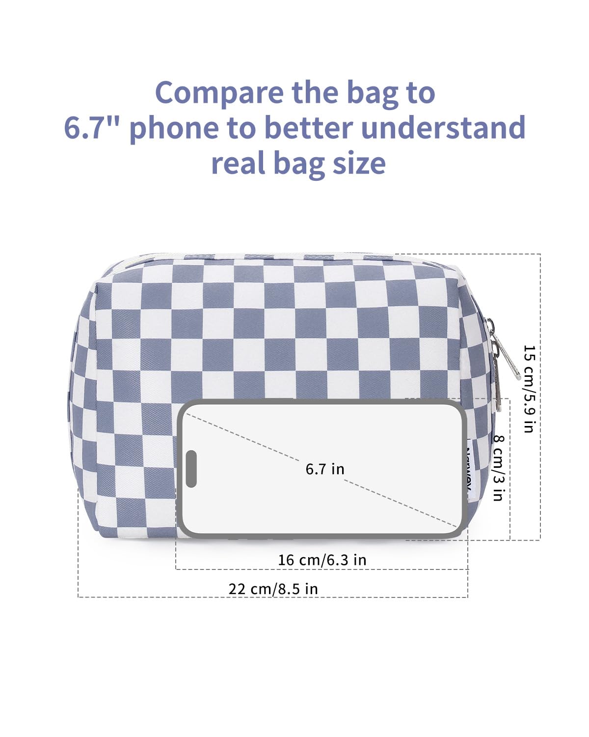 Narwey checkered makeup bag smooth zipper closure for easy access