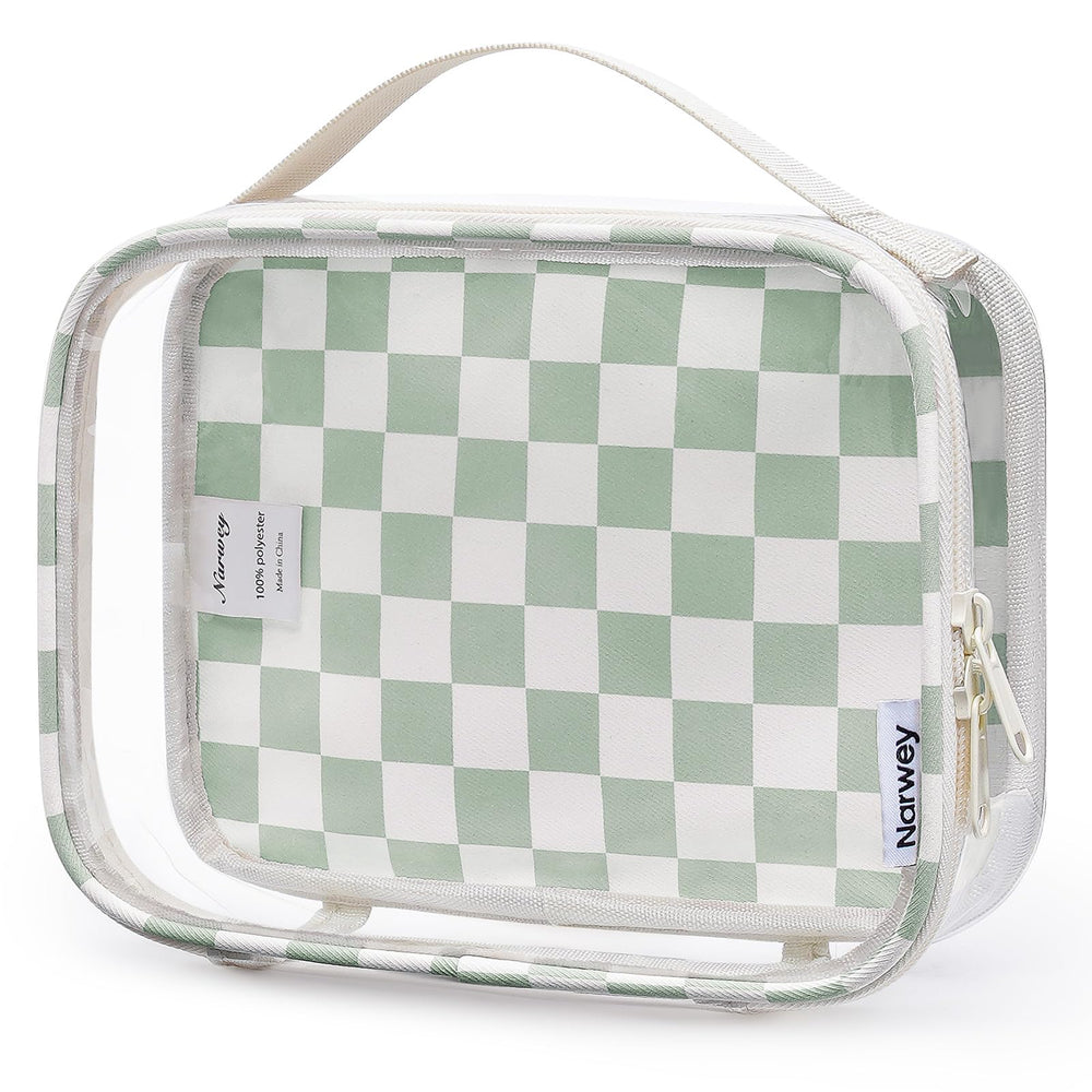 Narwey clear toiletry bag in mint green checkerboard for easy visibility on the go.