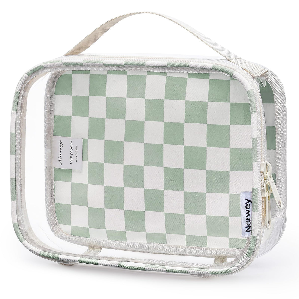 Narwey clear toiletry bag in mint green checkerboard for easy visibility on the go.