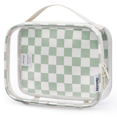 Narwey clear toiletry bag in mint green checkerboard for easy visibility on the go.