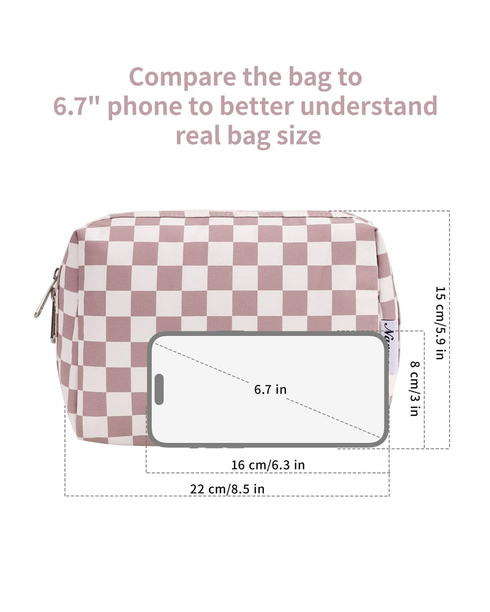 Narwey dusty rose checkered bag is a stylish, versatile solution for cosmetics and accessories.