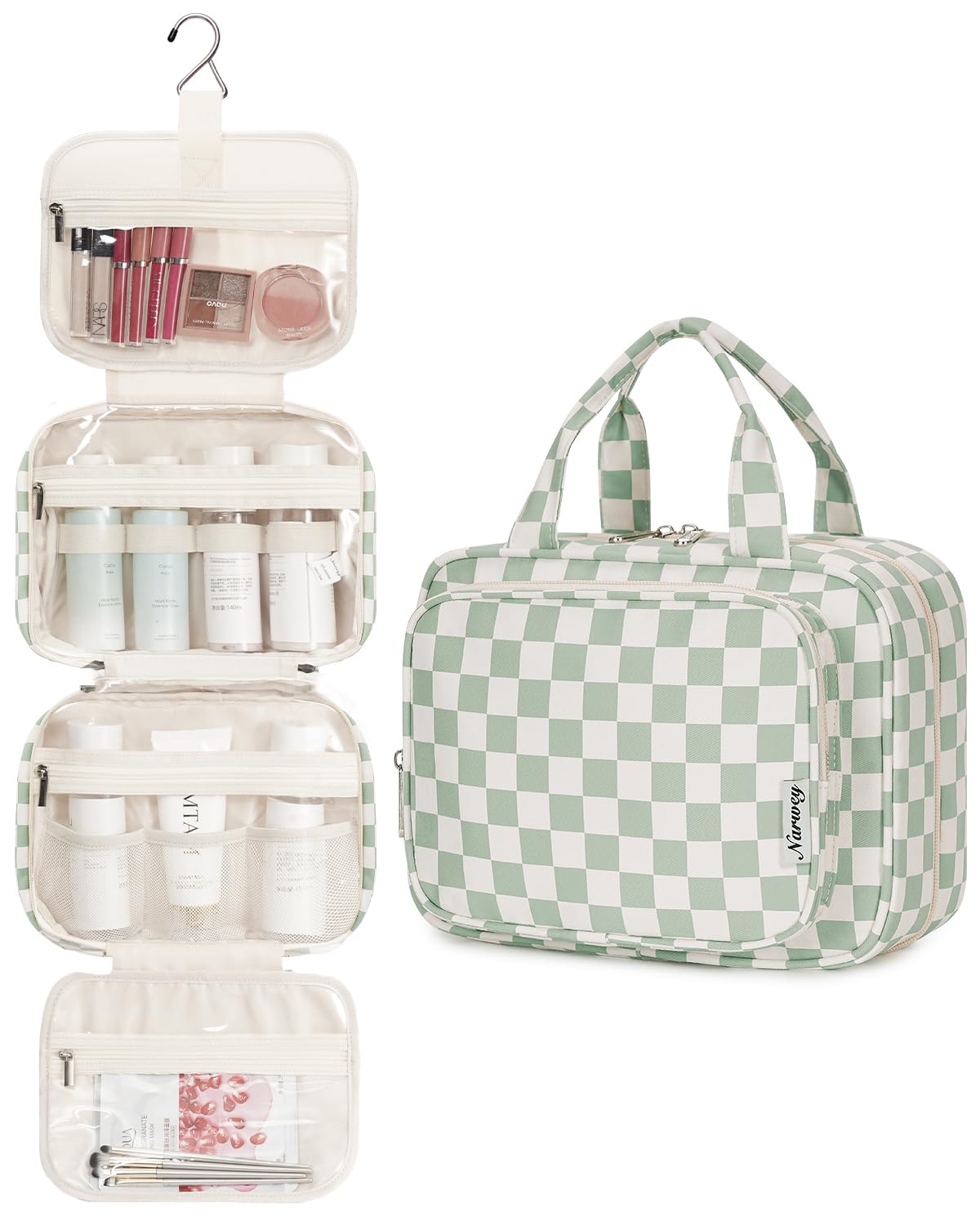Narwey green checkerboard medium bag shows open compartments for organized cosmetics.