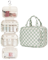 Narwey green checkerboard medium bag shows open compartments for organized cosmetics.