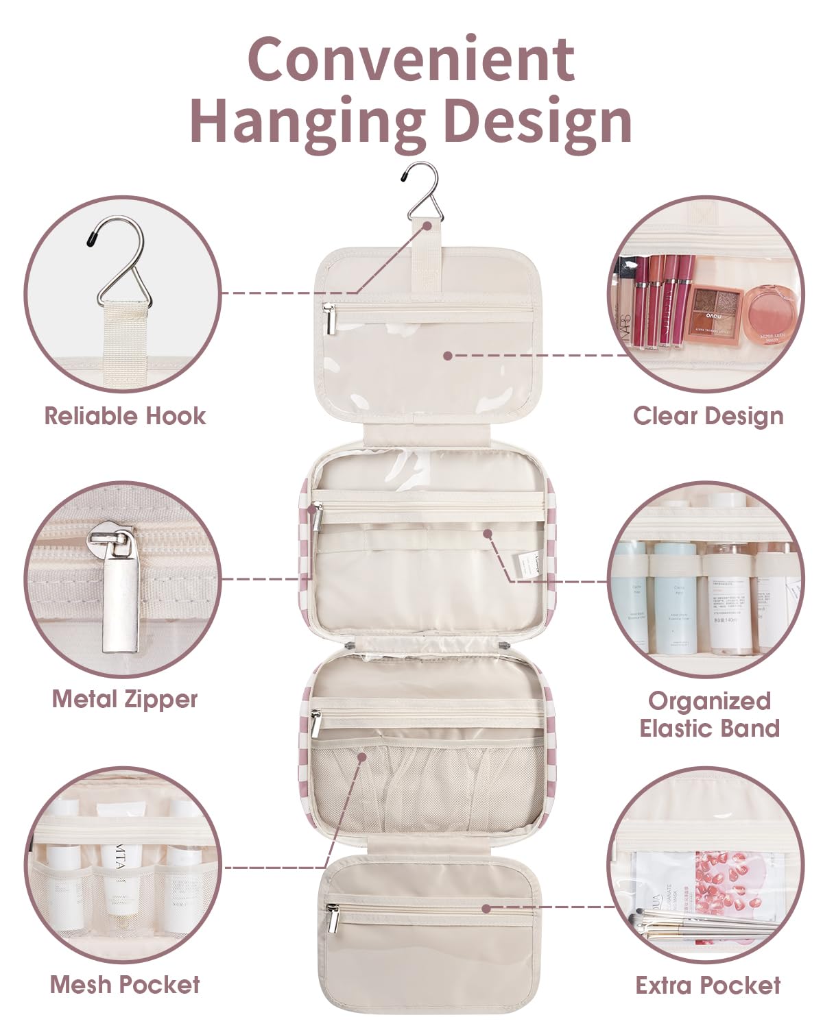 Narwey hanging toiletry bag hook for hanging keeps items accessible during trips.